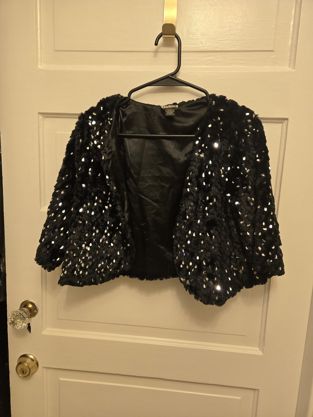 Haani Black Sequin Faux-Fur Cropped Jacket